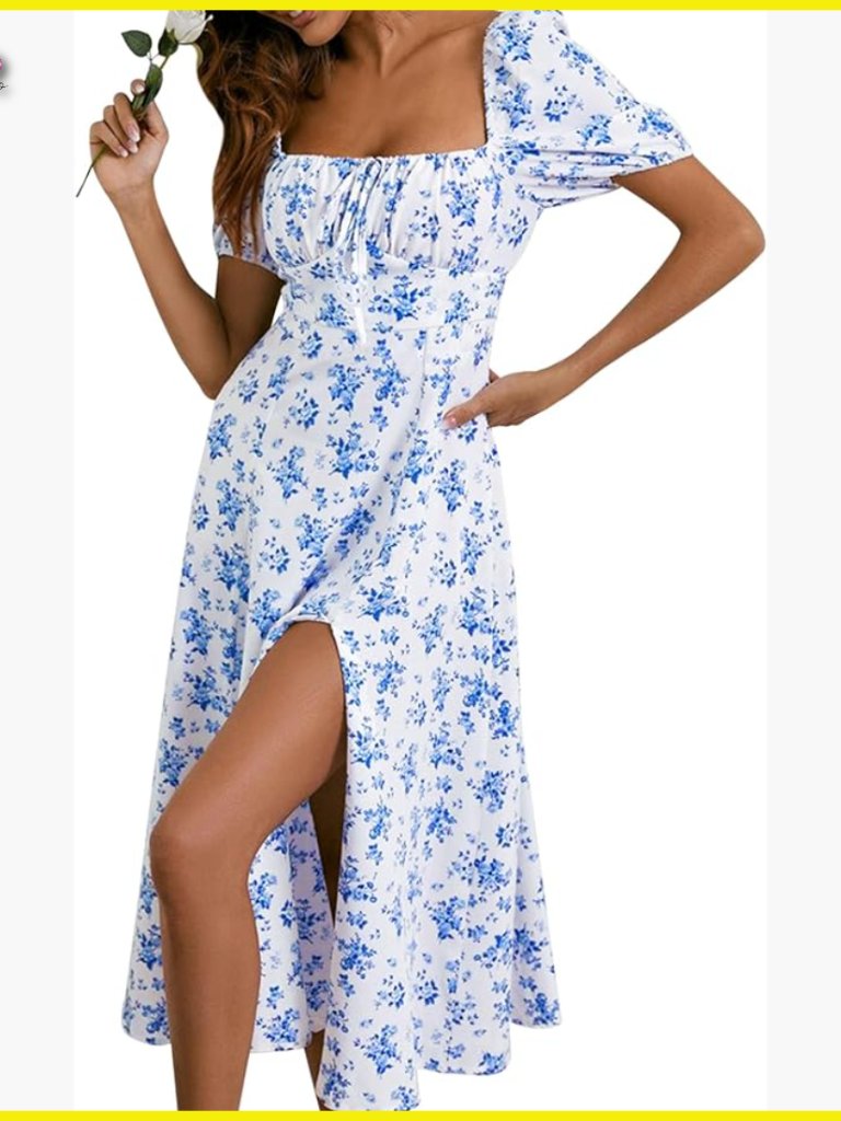 Floral Midi Dress Square Neck Puff Sleeve Boho Casual Summer Ruched Bust